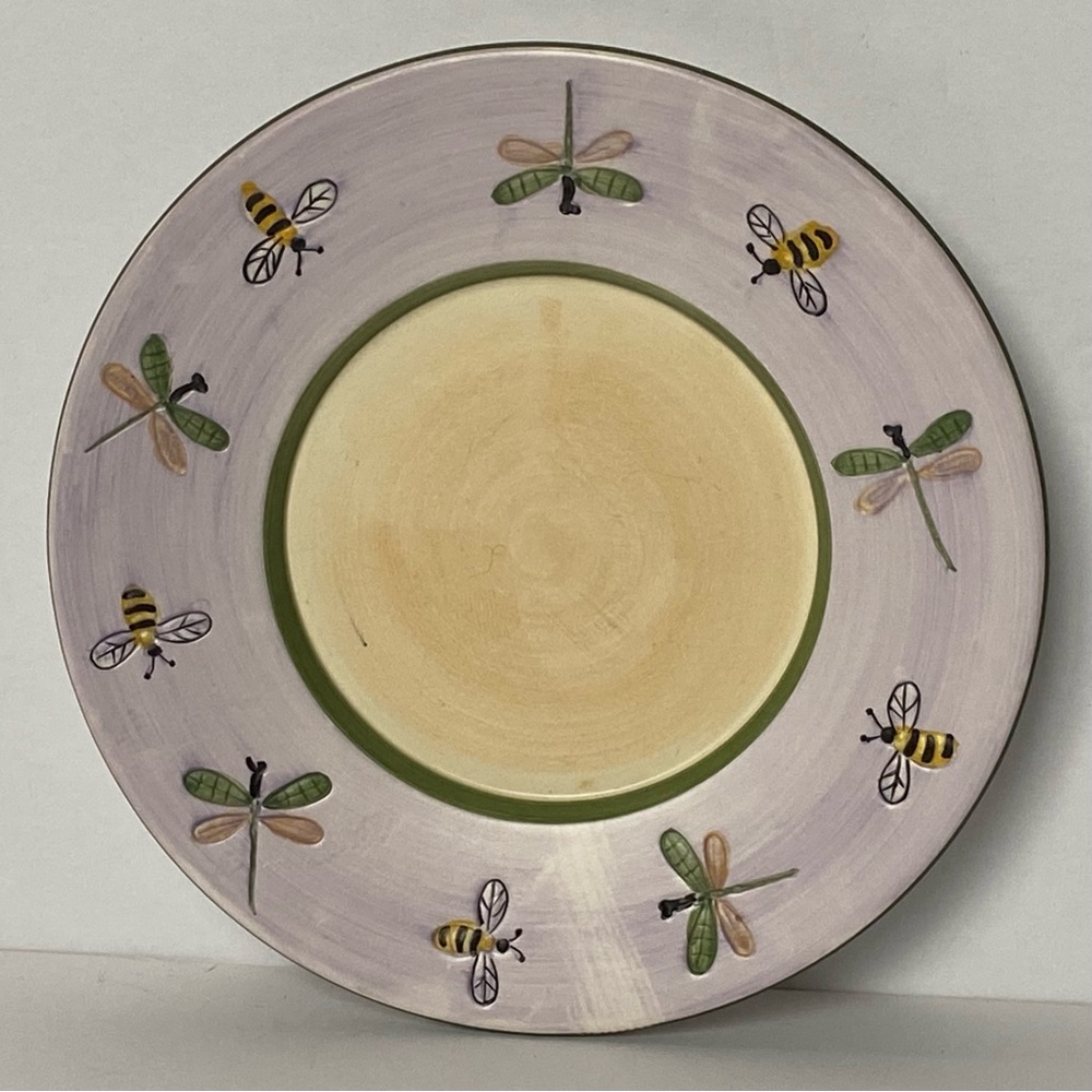 Yankee Candle Plate Dragonfly Bee 7” Ceramic Hand Painted Purple Green Bees EUC